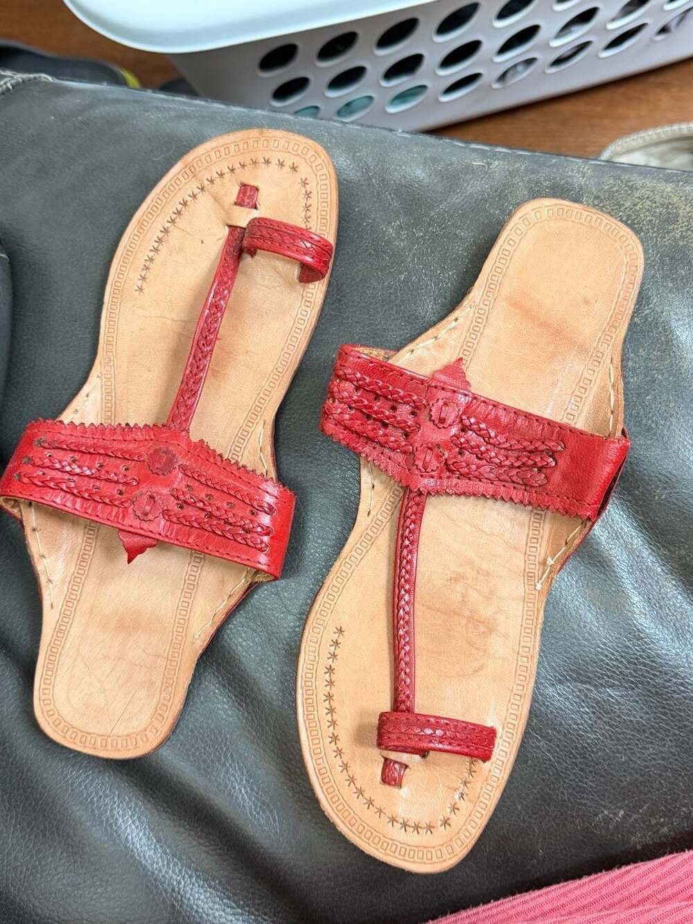Handmade Genuine Leather Red Kolhapuri Sandals Flats Women's Size 39